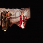 Auf einer dunkel beleuchteten Theaterbühne stehen drei kostümierte Darsteller vor einer gemalten Kulisse, die wie ein mittelalterlicher Raum wirkt. Im Vordergrund sind die Silhouetten des Publikums zu sehen, während eine Person in einem roten Kleid im Scheinwerferlicht steht.
