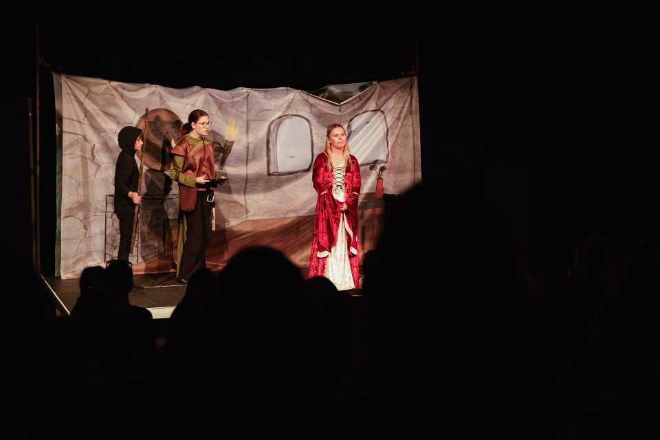 Auf einer dunkel beleuchteten Theaterbühne stehen drei kostümierte Darsteller vor einer gemalten Kulisse, die wie ein mittelalterlicher Raum wirkt. Im Vordergrund sind die Silhouetten des Publikums zu sehen, während eine Person in einem roten Kleid im Scheinwerferlicht steht.