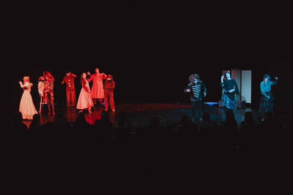 Auf einer dunklen Theaterbühne stehen mehrere kostümierte Darstellerinnen und Darsteller in rotem und blauem Licht. Im Vordergrund sind die Silhouetten des Publikums zu sehen, während die Szene wie eine fantasievolle oder musikalische Aufführung wirkt.