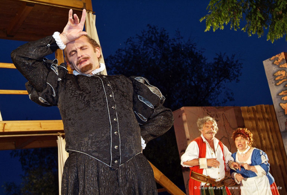 Was ihr wollt, 3. Akt, Malvolio (Udo Schneider), Tobias (Uwe Heinrich), Maria (Renate Pick)
