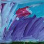 Das Bild zeigt einen abstrakten Landschaftsbild mit kräftigen, farbigen Pinselstrichen. Es dominieren Violett, Blau und Rot, wobei ein roter Punkt im Vordergrund hervorsticht.