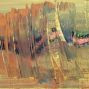 Das Bild zeigt eine abstrakte Landschaft mit wirbelnden, orangefarbenen und goldenen Pinselstrichen, die Hügel oder Felsen andeuten. Überlagert sind diese durch blasse, pastellfarbene Farbtöne und subtile, verblasste Details, die eine Eindruck von Tiefe und atmosphärischer Verzerrung erzeugen.